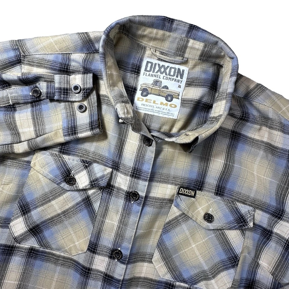 Dixxon Flannel Company Top Womens XL Demo Beige Blue Shirt Plaid Button Up Biker